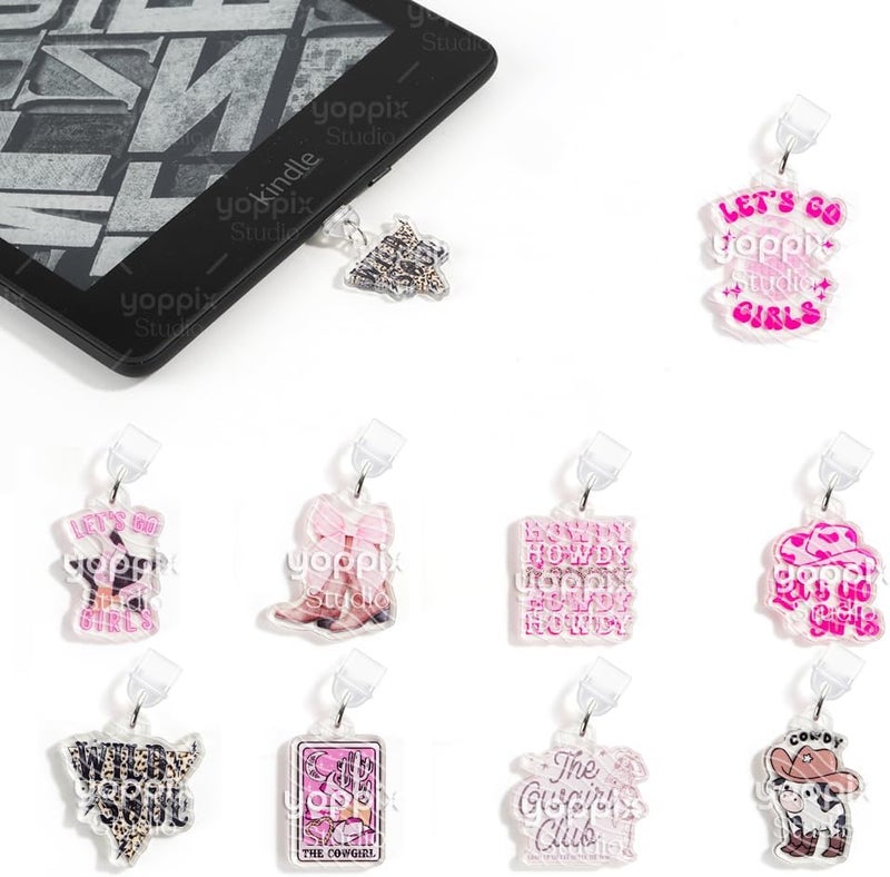 YOPPIX 9PCS Charms for E-Reader, About Cowgirl Theme Dust Plug Charm Compatible with Type C Charging Port, Gift for Book Lover Readers Men Women Teachers Students, Accessories for E-Reader - Image 1